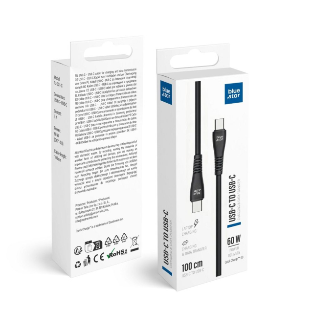USB-C na USB-C Blue Star 3 A, 60 W, QC 4.0, 1 m, PJ-DQ1-C, černá
