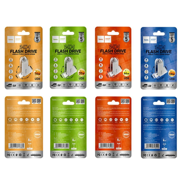 USB flash disk 128 GB s rozhraním USB 3.0 (USB A + USB C) Hoco UD8, niklová barva