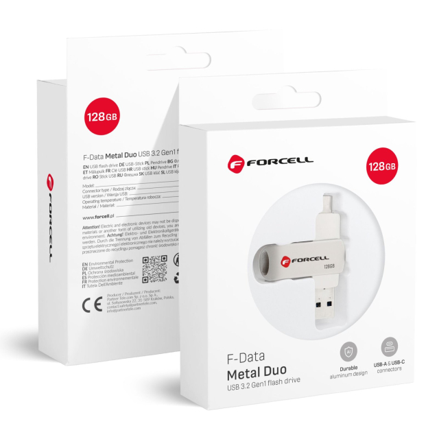 USB flash disk 128 GB USB 3.2 Gen 1 (USB A / USB C) Forcell F-Data Metal Duo stříbrný