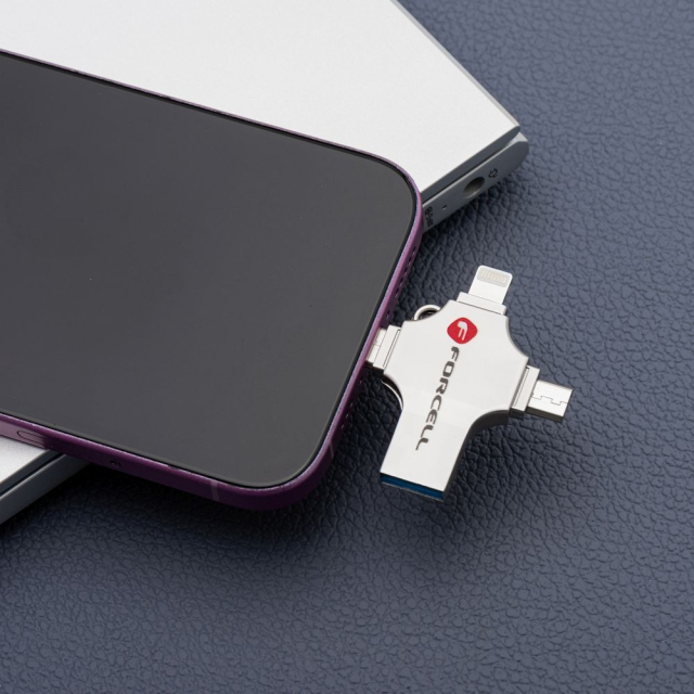 USB flash disk 128 GB, USB 3.2 Gen 1 (USB-A / USB-C / Lightning / Micro USB) Forcell F-Data Metal Quad, stříbrný