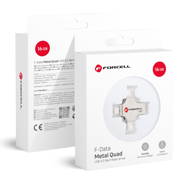 USB flash disk 16 GB, USB 3.2 Gen 1 (USB-A / USB-C / Lightning / Micro USB) Forcell F-Data Metal Quad, stříbrný