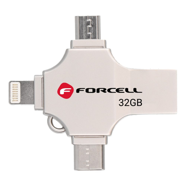 USB flash disk 32 GB, USB 3.2 Gen 1 (USB-A / USB-C / Lightning / Micro USB) Forcell F-Data Metal Quad, stříbrný