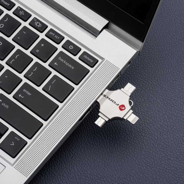 USB flash disk 64 GB, USB 3.2 Gen 1 (USB-A / USB-C / Lightning / Micro USB) Forcell F-Data Metal Quad, stříbrný