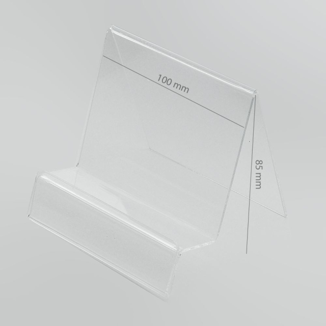 Vertikální držák z plexiskla / stojan na telefon a tablet s místem pro cenovku (navigace/tablet)