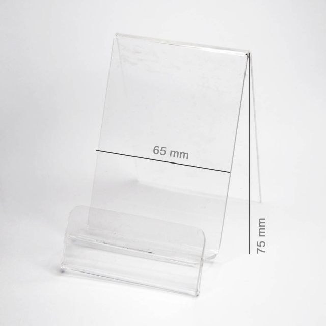 Vertikální držák z plexiskla / stojánek na telefon s místem pro cenovku (smartphone – 65 mm)